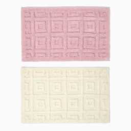 Tufted Tile Bath Mat Cotton Blend 50x80 cm, Super Absorbent & Non-Slip, Geometric Square Design in Cream & Blush Pink