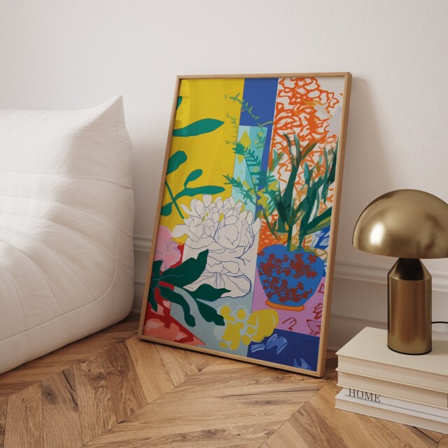 White Flowers Yellow Abstract Poster - Henri Matisse Inspired Illustration - image 1