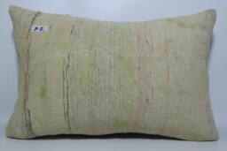 White Plaid Kilim Lumbar Pillow Cover, Beige Anatolian Throw 12x24 - thumbnail 1