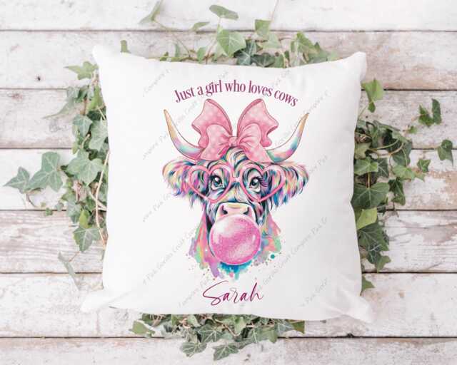 Highland Cow Cushion, Pillow, Cow, Gift, Sassy Pink Bubblegum Lover, Rainbow Be Fabulous - image 1