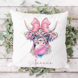 Highland Cow Cushion, Pillow, Cow, Gift, Sassy Pink Bubblegum Lover, Rainbow Be Fabulous - thumbnail 3
