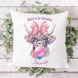 Highland Cow Cushion, Pillow, Cow, Gift, Sassy Pink Bubblegum Lover, Rainbow Be Fabulous - thumbnail 2
