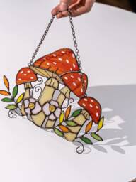 Orange Amanitas Suncatcher, Stained Glass Home Mushroom Decor, Window Wall Hanging Panel, Agaric Housewarming Gift, Grandma Gift