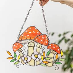 Orange Amanitas Suncatcher, Stained Glass Home Mushroom Decor, Window Wall Hanging Panel, Agaric Housewarming Gift, Grandma Gift - thumbnail 3