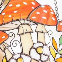 Orange Amanitas Suncatcher, Stained Glass Home Mushroom Decor, Window Wall Hanging Panel, Agaric Housewarming Gift, Grandma Gift - thumbnail 4