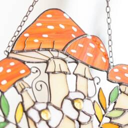 Orange Amanitas Suncatcher, Stained Glass Home Mushroom Decor, Window Wall Hanging Panel, Agaric Housewarming Gift, Grandma Gift - thumbnail 2