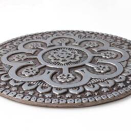 Hand-Painted Ceramic Wall Tile Suzani Floral Art, Aged Silver Finish - thumbnail 3