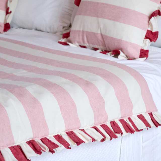 Handmade Reversible Quilt, Ian Mankin Devon Stripe, Pink Peony Ruffle - image 1