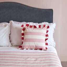 Handmade Reversible Quilt, Ian Mankin Devon Stripe, Pink Peony Ruffle - thumbnail 2