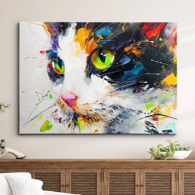 Bright & Colorful Cat Pet Abstract Modern Oil Painting Wall Art Framed Canvas Poster Print Home Kitchen Room Decor Gift Ideas - image 1