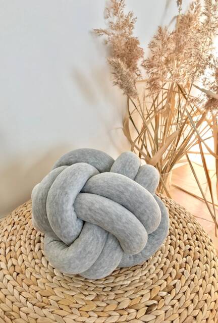 Light Grey Ball Knot Cushion, Scandinavian Reversible Knot Pillow 2In1 - image 1