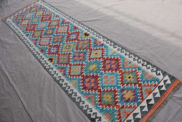 2'8x9'6 Ft Afghan Kilim Runner Rug, Geometric Flatweave Handmade Wool Modern Blue Hallway Kitchen - image 1