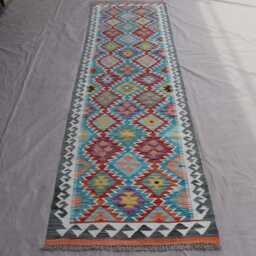 2'8x9'6 Ft Afghan Kilim Runner Rug, Geometric Flatweave Handmade Wool Modern Blue Hallway Kitchen - thumbnail 2