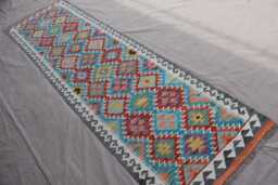 2'8x9'6 Ft Afghan Kilim Runner Rug, Geometric Flatweave Handmade Wool Modern Blue Hallway Kitchen - thumbnail 1