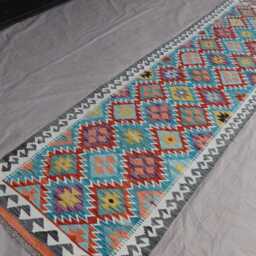 2'8x9'6 Ft Afghan Kilim Runner Rug, Geometric Flatweave Handmade Wool Modern Blue Hallway Kitchen - thumbnail 3