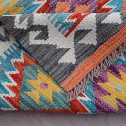 2'8x9'6 Ft Afghan Kilim Runner Rug, Geometric Flatweave Handmade Wool Modern Blue Hallway Kitchen - thumbnail 4