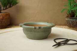 Handmade Green Blue Mame Bonsai Pot. 10cm Diameter, 3.5cm High. G2588 - thumbnail 1