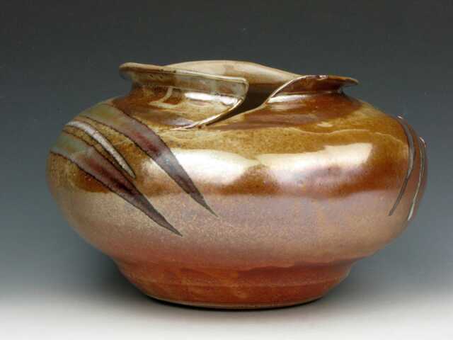 "Wide Vessel With Split Rim - Shino Vase Shiny Gold Luster 5.5"" X 8" - image 1