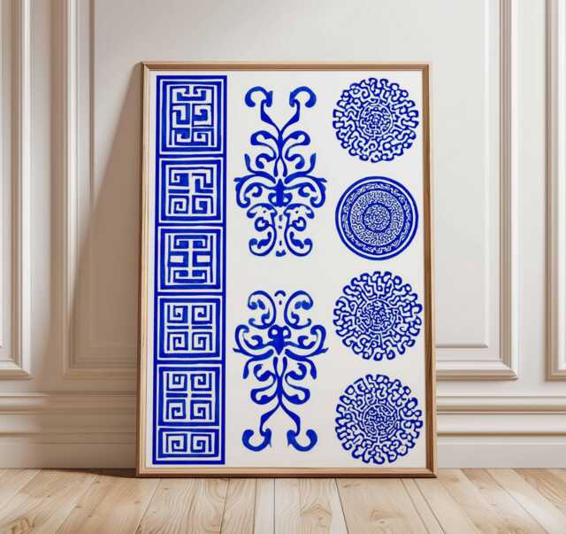 Greek Pattern Art Print, Blue Meander Wall Art, Hellenic Geometric Poster, Mediterranean Decor, Ancient Greece Inspired Print - image 1
