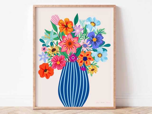Bright Flowers in Vase Print - Maximalist Floral Wall Art Colorful Botanical Digital Download - image 1