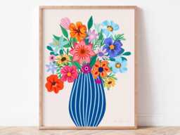 Bright Flowers in Vase Print - Maximalist Floral Wall Art Colorful Botanical Digital Download - thumbnail 1