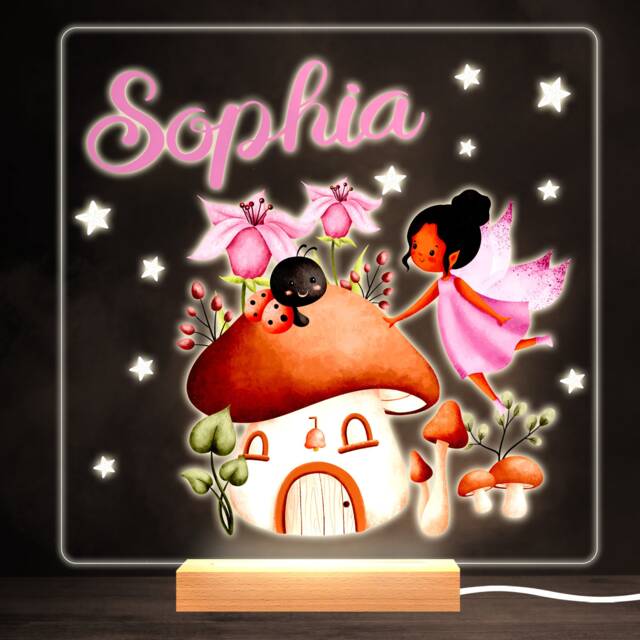 Fairy Garden & Mushroom House Bright Square Personalised Gift Lamp Night Light - Bedroom - image 1