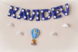 Felt Name Banner, Hot Air Balloon Nursery Decor, Personalized Baby Gift - thumbnail 1