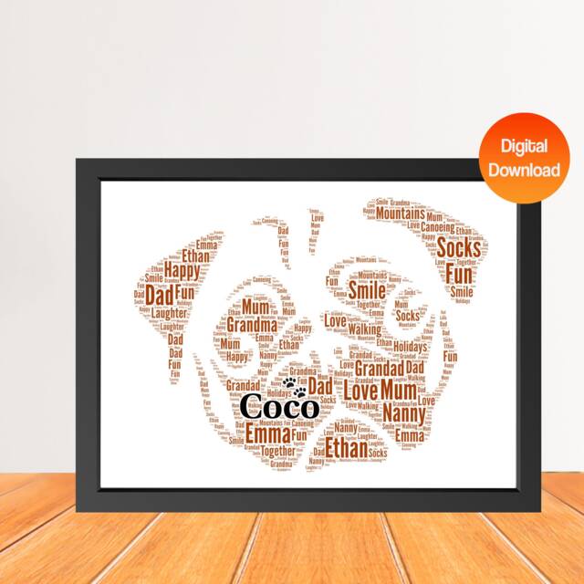 Personalized Pug Dog Word Art Print, Dog Cloud Picture Print, Gift For Lovers, Friend Birthday Card Gift Digital - image 1