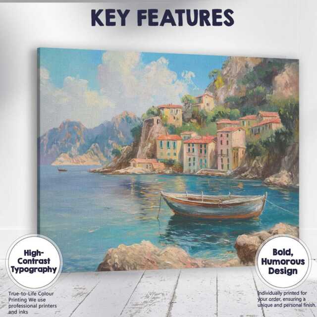 Mediterranean Coastal Village Fishing Boat Seascape Canvas Wall Art Print Decor Picture Ready To Hang - image 1