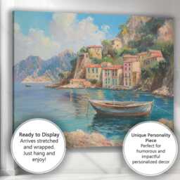 Mediterranean Coastal Village Fishing Boat Seascape Canvas Wall Art Print Decor Picture Ready To Hang - thumbnail 3