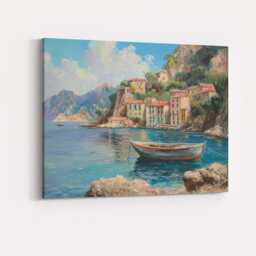 Mediterranean Coastal Village Fishing Boat Seascape Canvas Wall Art Print Decor Picture Ready To Hang - thumbnail 4