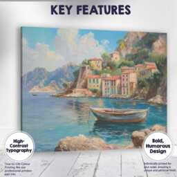 Mediterranean Coastal Village Fishing Boat Seascape Canvas Wall Art Print Decor Picture Ready To Hang - thumbnail 1