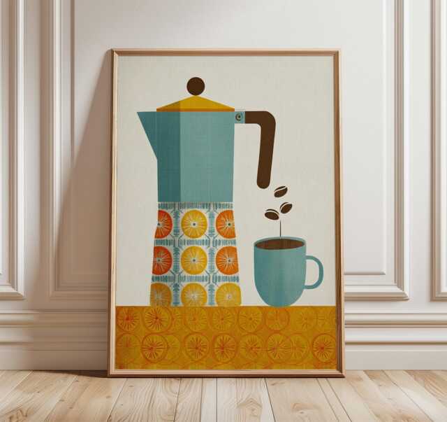 Retro Coffee Art Print, Modern Kitchen Wall Decor, Moka Pot & Cup Poster, Mid Century Bar Artwork - image 1