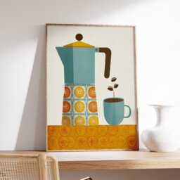 Retro Coffee Art Print, Modern Kitchen Wall Decor, Moka Pot & Cup Poster, Mid Century Bar Artwork - thumbnail 2