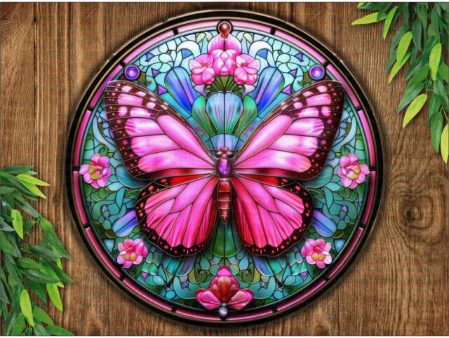 Pink Butterfly Plaque, Faux Stained Glass Butterfly Sign, Metal Gift, Outdoor Sign Wall Decor - image 1