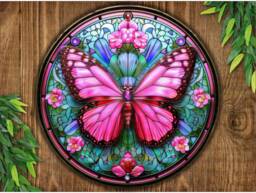 Pink Butterfly Plaque, Faux Stained Glass Butterfly Sign, Metal Gift, Outdoor Sign Wall Decor - thumbnail 1