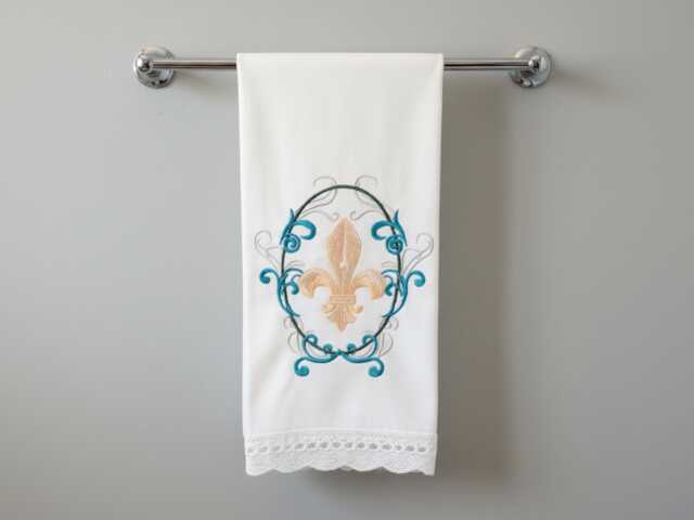 Embroidered Fleur De Lis Guest Towel Scalloped Lace Edge - image 1