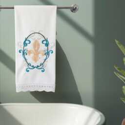Embroidered Fleur De Lis Guest Towel Scalloped Lace Edge - thumbnail 3