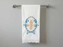 Embroidered Fleur De Lis Guest Towel Scalloped Lace Edge - thumbnail 1