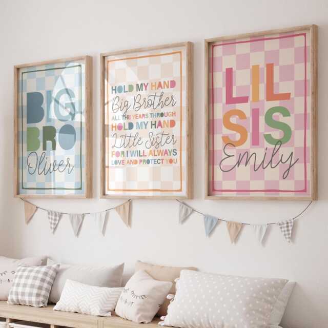 Set Of 3 Playroom Prints, Personalised Brother Sister Rainbow Sibling Wall Art, Colourful, Big Bro Lil Sis - image 1