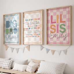 Set Of 3 Playroom Prints, Personalised Brother Sister Rainbow Sibling Wall Art, Colourful, Big Bro Lil Sis - thumbnail 1