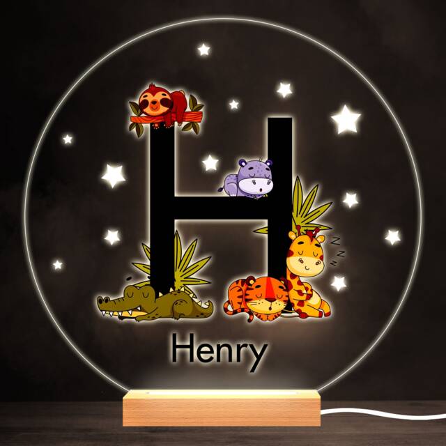Sleeping Baby Safari Animals Letter H Round Personalised Gift Lamp Night Light - Bedroom - image 1