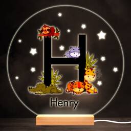 Sleeping Baby Safari Animals Letter H Round Personalised Gift Lamp Night Light - Bedroom