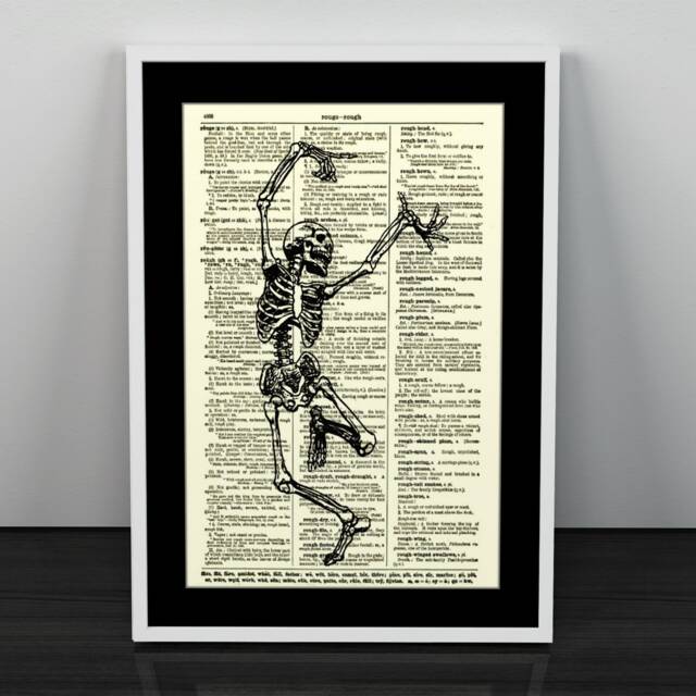 Dancing Skeleton Print, Happy R Home Decor, Spooky Fun, Dictionary Wall Mixed Media - image 1