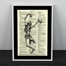Dancing Skeleton Print, Happy R Home Decor, Spooky Fun, Dictionary Wall Mixed Media - thumbnail 1