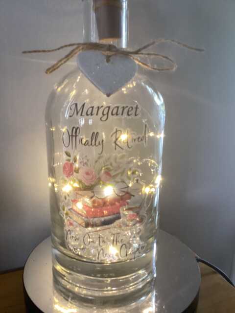 Personalised Retirement Light Up Bottle, Bottle Lamp With Gift Messaging Service & Bag