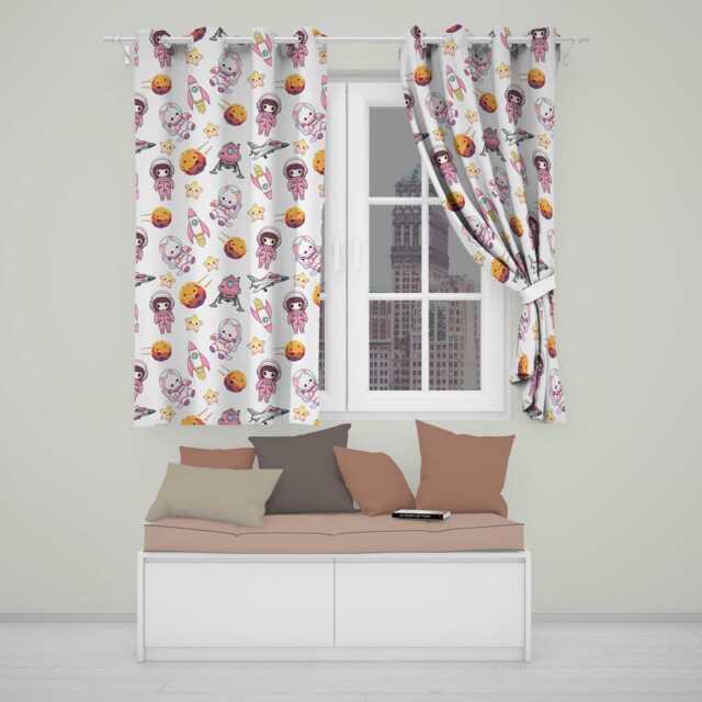 Cat Astronaut Girl Rockets Stars Space Seamless Cream Background Readymade Eyelet Ring Top Thermal 100% Blackout Curtains - image 1