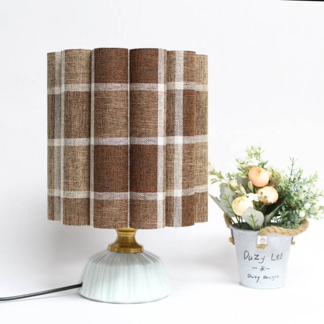 Handmade Plaid Fabric Table Lamp Brown Ceramic Base For Lamp Jewelry -87# - image 1