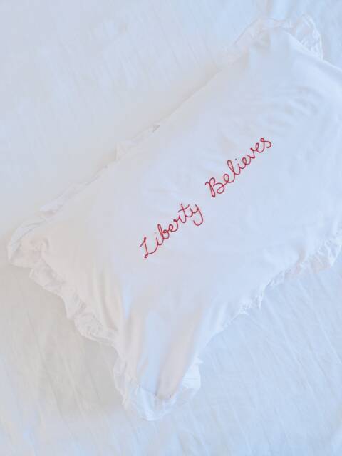 Hand Embroidered Christmas Pillow Case Custom Name Believes Frill/ Oxford - image 1