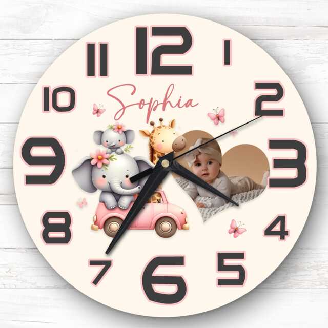 Girls Nursery Safari Animal Personalised Gift For Kid's Bedroom Clock - Kids Clock, Children's , Custom Wall - image 1